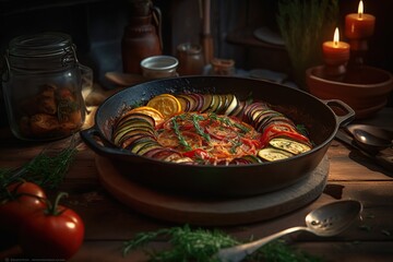 Obraz na płótnie Canvas Traditional homemade vegetable ratatouille baked in cast iron frying pan healthy diet french vegetarian food on vintage wooden table kitchen background, generative AI tools.