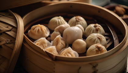 Steamed dumplings in bamboo basket, fresh and delicious generated by AI