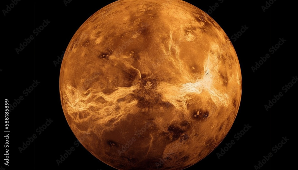 Poster glowing sphere orbits planet in dark space generated by ai