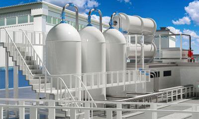 Industrial enterprise. White tanks near factory. Factory exterior. Fuel storage tanks. Warehouse of petroleum products. Fuel plant. Processing of oil into fuel. Innovative factory. 3d image