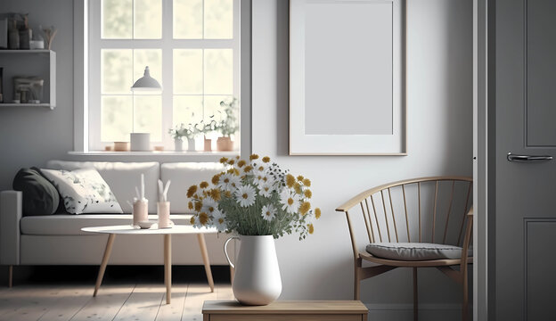 Design of a living room interior fragment with a bouquet of flowers in a vase, a place for a picture and a sofa for rest and sleep. Illustration generated AI