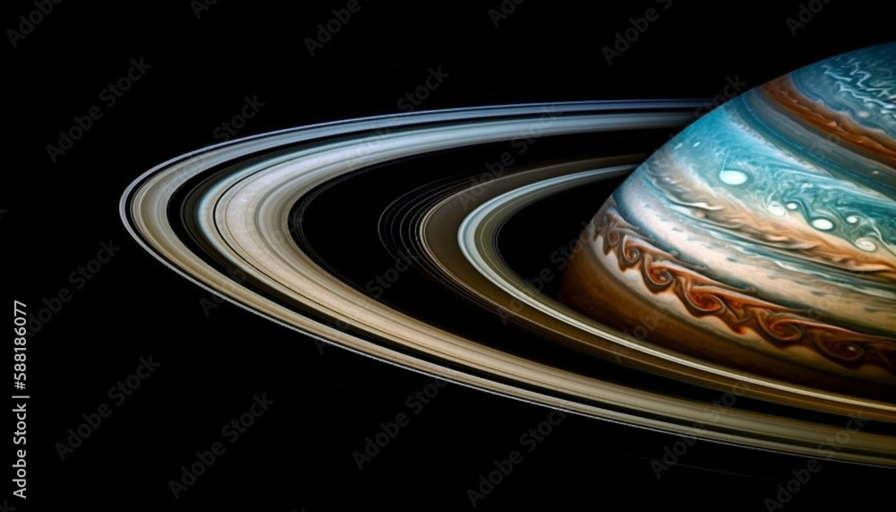 Poster spinning spaceship orbits blue planet in abstract space generated by ai