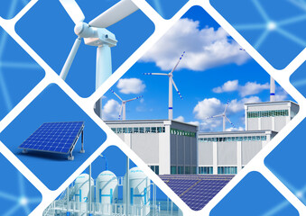 Energy enterprise. Windmills in industrial area. Industrial landscape. Factory with solar panels....
