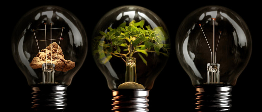 Light bulb containing a small tree, on a dark background. Sustainable resources