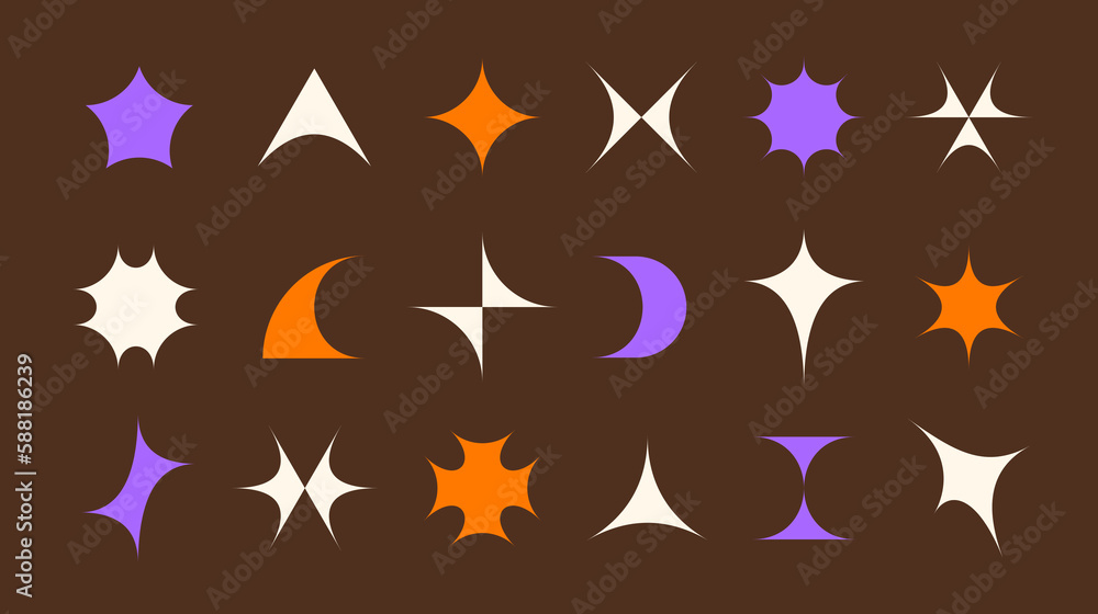 Poster Y2K design element set. Retro futuristic symbols and objects. Collection of primitives in Swiss and bauhaus style. Pack of shapes, stars, sparkles, stickers. Vector background illustration