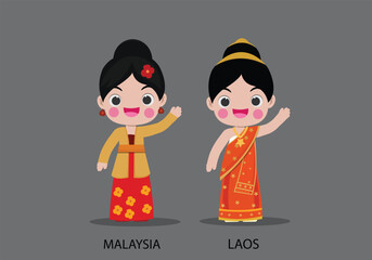 Obraz na płótnie Canvas Malaysia and Laos n national dress vector illustrationa