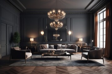cozy living room with elegant furniture and a sparkling chandelier. Generative AI