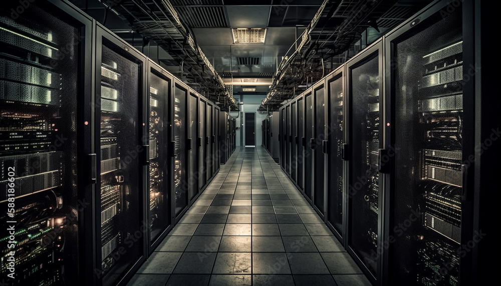 Poster computer equipment in row, secure network connection generated by ai