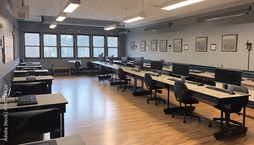 Poster modern office with empty chairs and computers generated by ai