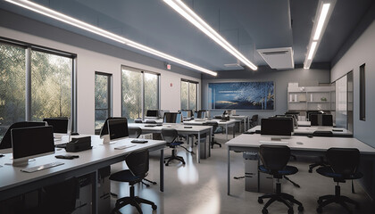 Modern office design with bright lighting equipment generated by AI