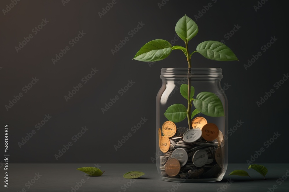 Poster perspective on a plant sprouting from a container with money and blank area for copy generative ai