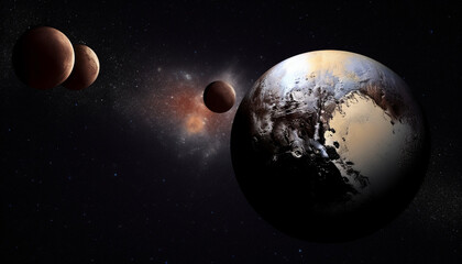 Obraz premium Glowing Milky Way orbited by satellite and nebula generated by AI