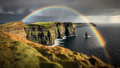 Majestic rainbow arches over cliff and coast generated by AI