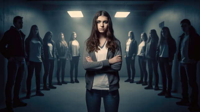 Powerful image of a student standing up to a group of bullies, with a message of empowerment and support for victims of bullying. Generative AI