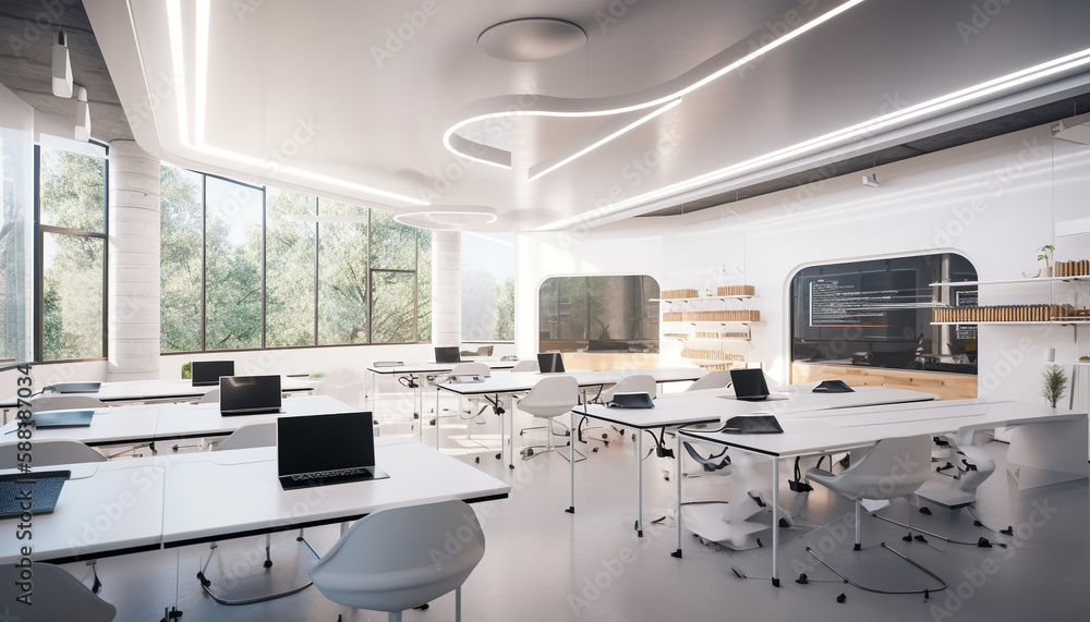 Poster modern office design with computer technology success generated by ai