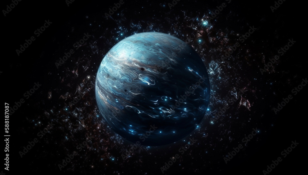 Poster glowing spheres orbiting dark planet in space generated by ai