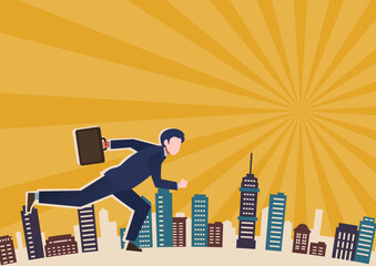 走る男性会社員と都市の背景　黄色　集中線　人物フラットイラスト