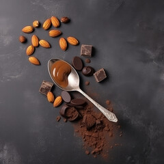 Flat lay of a spoon containing delicious paste, chunks of chocolate, and nuts on a gray surface.