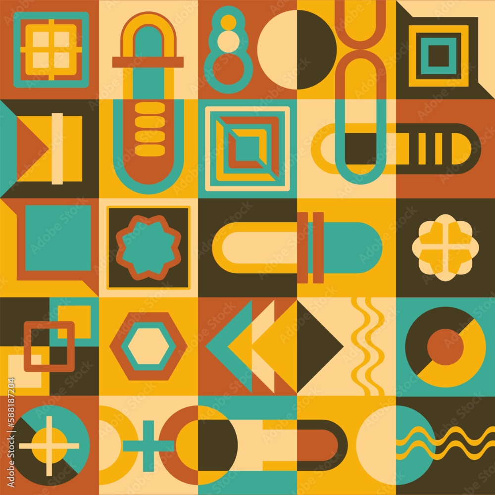 Poster seamless pattern in bauhaus style. a background that includes 25 different square pictures in the st