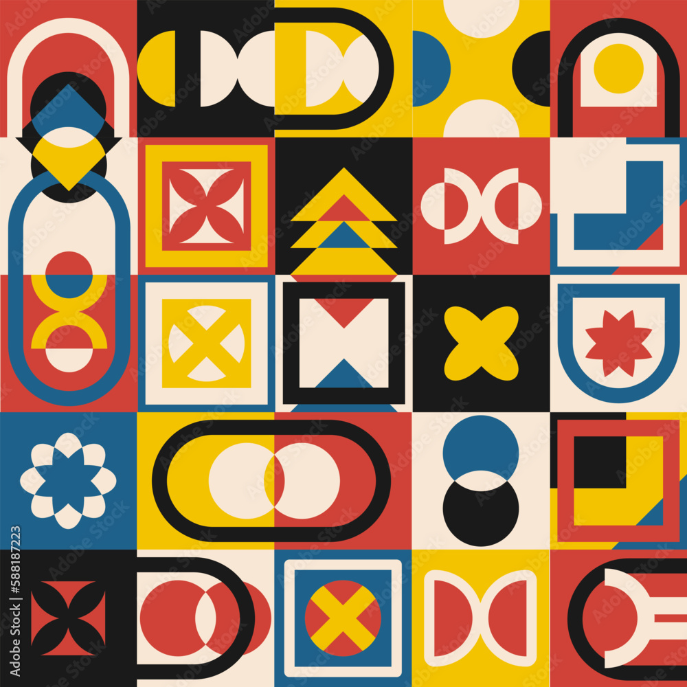 Poster seamless pattern in bauhaus style. a background that includes 25 multi-colored square pictures in th