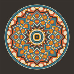 Decorative round panel, dish, composition with a complex decorative ornament. Vector illustration