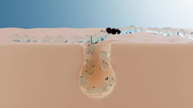 3d animation of pore cleansing from dirt, dust, particles. Water deep cleaning, concept skin care cosmetics solution, design for beauty products advertisement