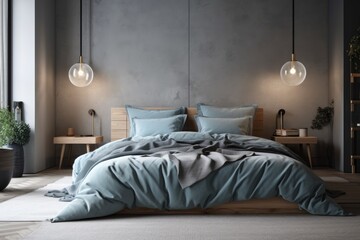 cozy bedroom with blue bedding. Generative AI