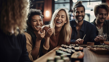 Smiling group of young adults enjoying meal together generated by AI