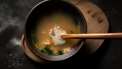 Steamed seafood soup in rustic pottery bowl generated by AI