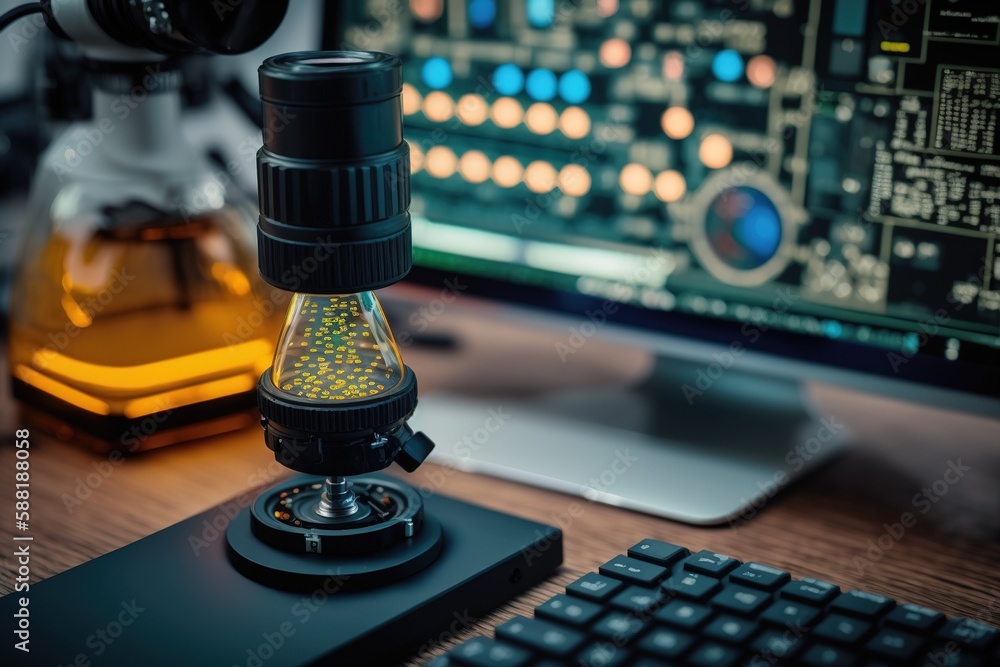 Aufkleber studio closeup of a microscope with a zooming lens, focusing on a table in a medical lab stocked wit