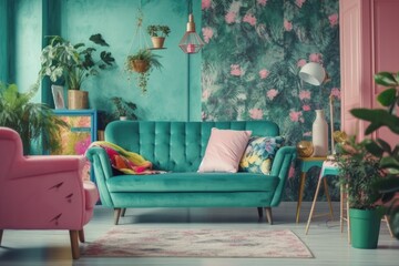 cozy living room with green walls and pink furniture. Generative AI