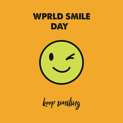 Happy world smile day banner. World smile day lettering with smile face yellow background. Good mood. Fun concept. Smile icon illustration. Happy smile day poster design.