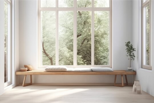 cozy room with a window seat and a bench. Generative AI