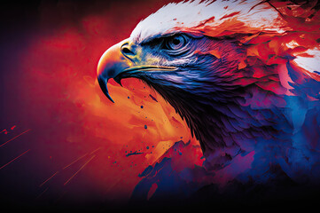 Abstract red white and blue patriotic background with bald eagle created with Generative AI technology