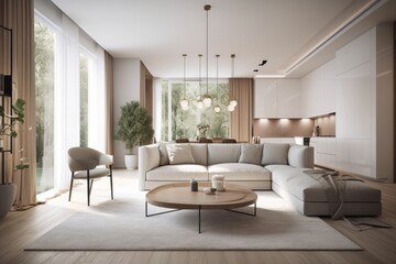 Naklejka na ściany i meble Cozy Living Room with Large Window and Furniture. Generative AI