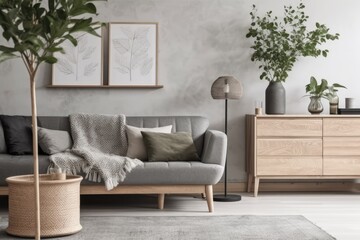 cozy and stylish living room with plants and furniture. Generative AI