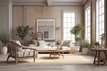Fototapeta na wymiar cozy living room with plants and furniture. Generative AI
