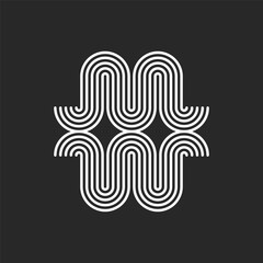 Initials letters MW or WM logo monogram rounded waves shape, combination two letters M and W calligraphic mark, smooth parallel thin lines curves pattern.