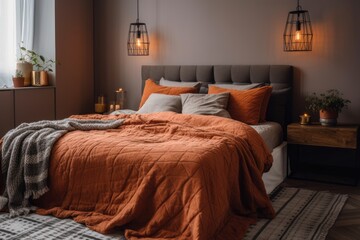 cozy bedroom with an orange comforter on the bed. Generative AI