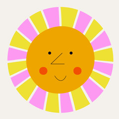 Smiling sun, abstract personage, mascot design, funny face, cute icon.