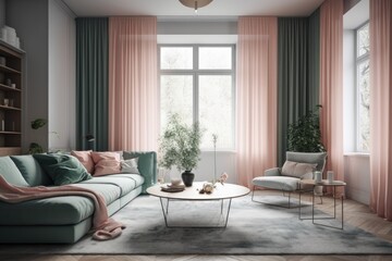 cozy living room with a large window and comfortable furniture. Generative AI