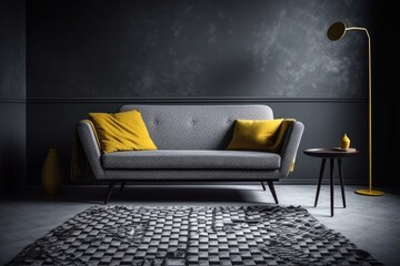 grey couch with bright yellow accent pillows in a dimly lit room. Generative AI