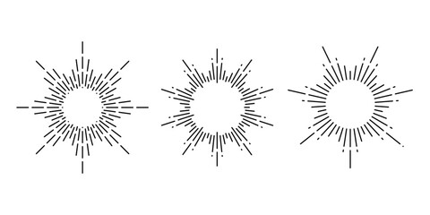 Retro sunburst frames set. Vintage sunlight rays collection. Stylized sunshine, radial rays, sunbeams, firework, explosion symbols pack. Vector line solar design elements 