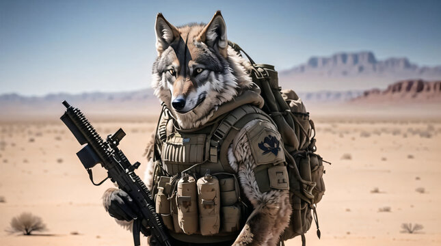 A special forces wolf standing on the Gobi Desert with a gun created using generative artificial intelligence tools.