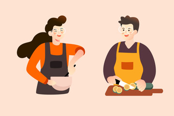 Couple cooking in the kitchen, kitchen and cutlery in the background, vector illustration