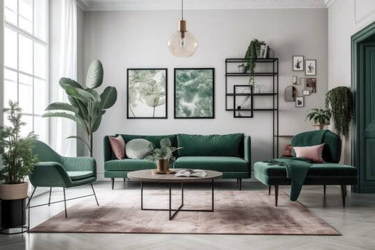 cozy living room with green furniture. Generative AI