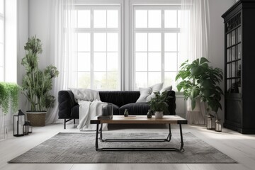 cozy living room with green potted plants, a comfortable couch and a wooden coffee table. Generative AI