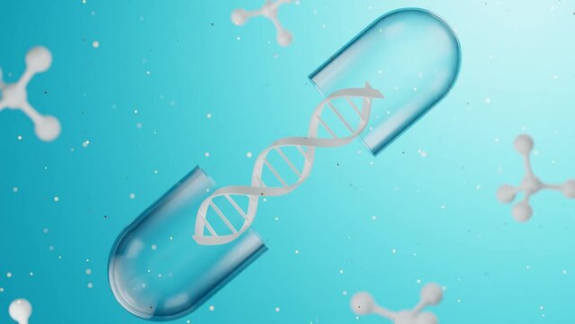 3D animation of a white medical capsule that opens into two halves, containing white DNA filaments floating on blue background. Cosmetic science