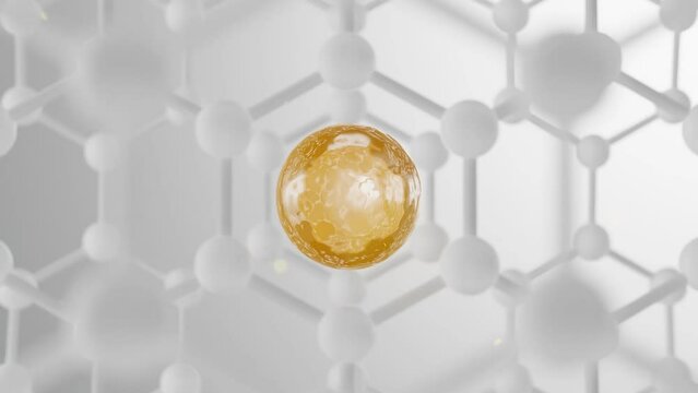 A yellow bubble simulates a drop of essence falling on the background of white molecules. Science cosmetic, skin care solutions with cosmetic advertising background.
