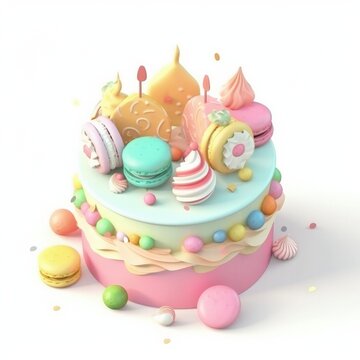 3d colorful cake, pastel colors, isolated white background, generative ai